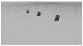 Simulated robotic platoon in the Gazebo environment, composed of one leader and two followers arranged in a predecessor-following formation on an obstacle-free demonstration plane.