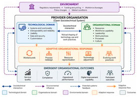Integrated conceptual framework for examining cross-domain interactions and organisational adaptation within the NDIS provider ecosystem. The conceptual framework was developed by the authors, with graphical enhancement and visual refinement assisted by OpenAI’s ChatGPT (model version as disclosed in Section 3.7).