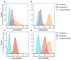 Surface expression of CD14 and HLA-DR in naïve monocytic THP-1 cells and on THP-1-derived macrophage-like cells after PMA plus IFN-γ. Overlays include the corresponding isotype-control antibody. (a) CD14 on monocytic cells; (b) CD14 on macrophage-like cells; (c) HLA-DR on monocytic cells; (d) HLA-DR on macrophage-like cells.