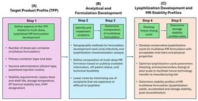 Overview of challenges encountered during formulation development of a stable, lyophilized, multidose presentation of an MR bivalent vaccine candidate. (A) Target product profile definition, (B) Analytical method establishment and formulation development, (C) Lyophilization cycle development and stability evaluation. This case study describes experimental work performed at lab-scale with the goal of future drug product scale-up, technology transfer, and local production at IPD in Senegal.