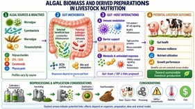 Direct and potential effects of algal bioactive compounds on the livestock gut microbiota. Changes in microbial composition and fermentation metabolites have been directly observed for selected algal preparations in specific animal models, whereas several downstream metabolic and host-response pathways remain indirect or proposed. Solid arrows indicate direct livestock or poultry evidence, dashed arrows indicate indirect evidence, and dotted arrows indicate proposed relationships.