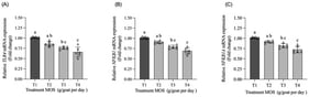 Effects of graded supplementation with the PKM-derived MOS-rich hydrolysate on innate immune recognition and NF-κB-related signaling in peripheral blood leukocytes of growing goats. Relative mRNA expression of (A) TLR4, (B) NFKB1, and (C) NFKBIA. T1 = CON, T2 = MOS2.5, T3 = MOS5, and T4 = MOS10 supplied 0, 2.5, 5.0, and 10.0 g hydrolysate/goat/day, respectively. Gene expression was normalized to GAPDH and calculated using the 2−ΔΔCq method, with CON used as the calibrator. Individual symbols represent biologically independent animals, and bars and error bars represent the mean ± SD (n = 5 animals/treatment). Means without a common letter differ according to Tukey-adjusted pairwise comparisons (p < 0.05).