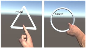 VR hand-tracing figures. (Left) Equilateral triangle with a side length of 30 cm. (Right) Circle with a radius of 15 cm. The figures were traced using the index finger of the dominant hand.