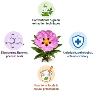 Conceptual overview of extraction methods, polyphenolic classes, biological activities, and food applications of Cistus creticus extracts.