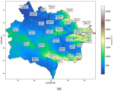 Study area of the East Kazakhstan and Abai regions with the locations of all 30 KH weather stations (28 retained for analysis; see Section 2.3): (a) FABDEM digital elevation model with station elevations indicated; (b) classification of land cover types based on MODIS MCD12Q1 data for 2024.