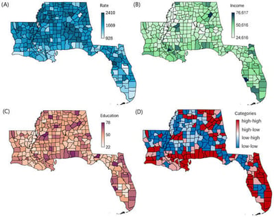 (A) All-cause annual death rates. (B) Annual household income. (C) Percent college attainment. (D) Categories by income–education for counties in the southeastern United States from 2014 to 2022.