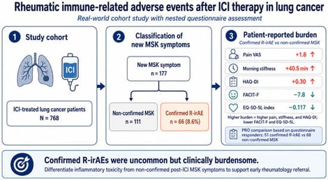 Study cohort and nested questionnaire flow. The flow diagram shows the assembly of the parent lung cancer immune checkpoint inhibitor (ICI) cohort and the nested questionnaire cohort. Among 768 lung cancer patients treated with ICIs, 177 developed new musculoskeletal (MSK) symptoms after ICI initiation and were classified as non-confirmed MSK symptoms or rheumatologist-confirmed rheumatic immune-related adverse events (R-irAEs). Questionnaire responders are shown separately within each of the three post-ICI musculoskeletal-status groups. ICI, immune checkpoint inhibitor; MSK, musculoskeletal; R-irAE, rheumatic immune-related adverse event.