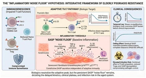 The “Inflammatory Noise Floor” Hypothesis: An Integrative Framework of Elderly Psoriasis Resistance. This schematic illustrates the proposed mechanism explaining altered therapeutic responses in aging psoriasis patients, integrating immunosenescence and cellular senescence. Central Panel: The diagram is bisected by an “Inflammatory Threshold.” Above it, Adaptive Th17 Pathways (the “Ceiling”) are effectively targeted by biologic agents (anti-IL-23, anti-IL-17), neutralizing the acute inflammatory peak. Below the threshold, the SASP “Noise Floor” persists independent of adaptive immunity. Senescent fibroblasts and keratinocytes maintain a baseline inflammatory state and sustaining neutrophil recruitment. Left Panel: Immunosenescence concurrently impairs immune function, characterized by the accumulation of exhausted T-cells (CD8+CD28− TEMRA expressing PD-1, TIM-3, LAG-3 markers), reduced naive T-cell pools, and compromised regulatory T-cell (Treg) function, leading to impaired immune surveillance. Right Panel: The persistent SASP floor combined with immunosenescence is hypothesized to contribute to three key Clinical Consequences: a “Temporal Lag” potentially linked to slower immune re-equilibration; a “Ceiling Effect” where residual SASP inflammation leads to a PASI plateau; and an “Elevated Infection Risk” due to compromised pathogen control. This framework is a hypothesis-generating model integrating clinical observations with mechanistic data from separate studies. Direct quantitative correlation between SASP burden and biologic response kinetics in elderly psoriasis patients has not been established.