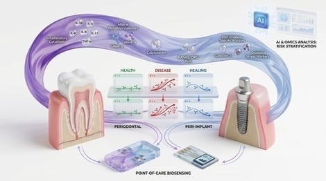 Biomarker dynamics during periodontal disease progression and healing. Microbial dysbiosis initiates an inflammatory response characterized by soluble mediators—cytokines, chemokines, and acute-phase proteins. Peak inflammation is followed by MMP/TIMP-mediated extracellular matrix and collagen degradation, reflecting soft-tissue destruction. Subsequent changes in the RANKL–RANK–OPG axis, ALP, osteocalcin, and BMPs reflect bone remodeling. Resolution of inflammation shifts the process toward tissue repair, bone formation, and regeneration The figure is a schematic, conceptual illustration; the sequence and relative timing of biomarker changes are idealized and are not drawn to a quantitative time scale. (Created with FigureLab v2.1).