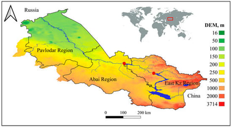 Geographic location of the Ertis WMB in Kazakhstan (indicated by the red rectangle in the inset), showing the Ertis River and its major tributaries and canals (blue), major reservoirs (red dots), administrative regions, and the digital elevation model (DEM) of the study area [21].