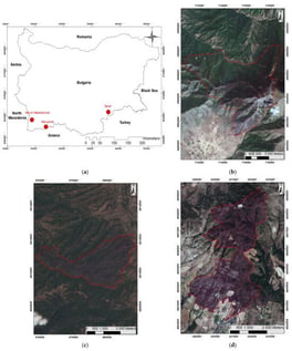 (a) Location of the case study sites within the territory of Bulgaria. (b) True-color (RGB) satellite image acquired by Sentinel-2B over Slavyanka Mountain following the wildfire. (c) True-color (RGB) satellite image acquired by Sentinel-2A over Maleshevska Mountain following the wildfire. (d) True-color (RGB) satellite image acquired by Sentinel-2A over Sakar Mountain following the wildfire. Тhe red line indicates the wildfire perimeter. Contains modified Copernicus Sentinel data 2024, processed by ESA [57].