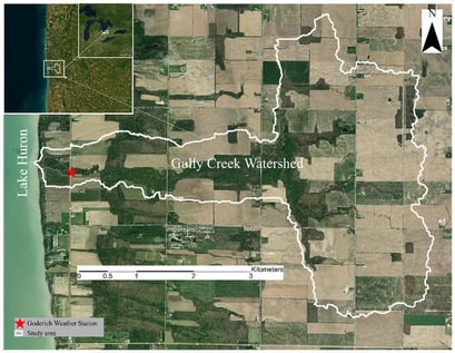 Map of the Gully Creek watershed with the location of the weather station.