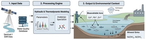 Workflow for quantifying the impact of hydrological forcing and flushing on hydrochemical dynamics and metal bioavailability in the Santiago River, Mexico. The diagram illustrates a three-stage sequential framework: (1) Input Data phase delivering independent physical and hydrochemical datasets, (2) Processing Engine phase representing data integration and thermodynamic modeling, and (3) Output & Environmental Context phase showing the final geochemical mapping mapped onto a conceptual river reach with directional arrows indicating flow and mass transport dynamics.