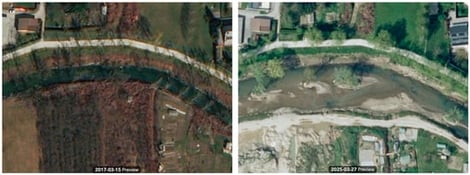 A section of the Mali graben before the restoration works in 2017 (left) and during the finalisation of restoration works in 2025 (right) (source: Esri [46]).