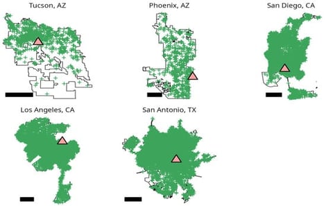Locations of boundaries, zoos (orange triangles), and community science observations (green crosses) used in the current study. Relative scale bars (10 km) in the bottom left of each panel. City boundaries based on data from OpenStreetMap (2017).