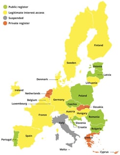 Status of beneficial ownership registers across EU Member States as of September 2025 (Transparency International 2025).