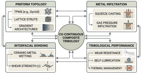 Architecture–infiltration–interface–performance framework for 3D-printed ceramic–metal co-continuous composites.