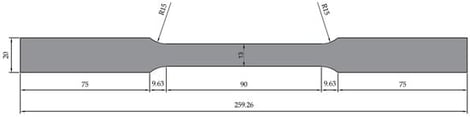 Geometric dimensions of the tensile coupon specimens (mm).