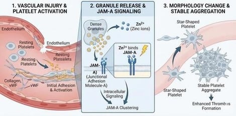 Contribution of degranulated platelets and Zn2+ in the regulation of hemostasis. Schematic representation of the events that follow injury in the endothelium. Platelets in circulation are exposed to endothelial factors (e.g., ADP) and initiate platelet plug formation at the site of injury. Local levels of Zn2+ are the result of degranulation of platelets. Zinc has been associated with platelet aggregation, coagulation, and fibrin clot formation [17].
