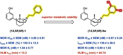Structures of morphine and 5-(3-hydroxy)phenylmorphans.