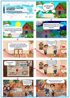 Screenshots of the introductory video in the game showing the two game characters being transported back in time after a stormy night, in the old city of Limassol, Cyprus.