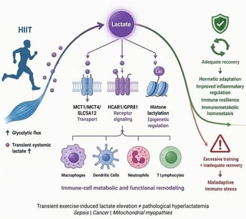 Context-Dependent Immunometabolic Effects of Exercise-Induced Lactate. Lactate may act as a signaling metabolite whose biological effects depend on the duration, concentration, and physiological context of exposure. During high-intensity exercise, transient elevations in circulating lactate may engage signaling pathways involving HIF-1α, ICER, monocarboxylate transporters (MCT1/MCT4), and GPR81/HCAR1, potentially contributing to adaptive immunometabolic remodeling and modulation of inflammatory responses. In contrast, persistent lactate accumulation in pathological microenvironments, including cancer and sepsis, is associated with impaired immune-cell function and chronic immune dysregulation. Solid arrows indicate experimentally supported pathways, whereas dashed arrows represent proposed or context-dependent mechanistic connections. Several of these mechanisms derive from complementary experimental or pathological models and have not been established as causal mechanisms during exercise in humans. Created with BioRender.com.