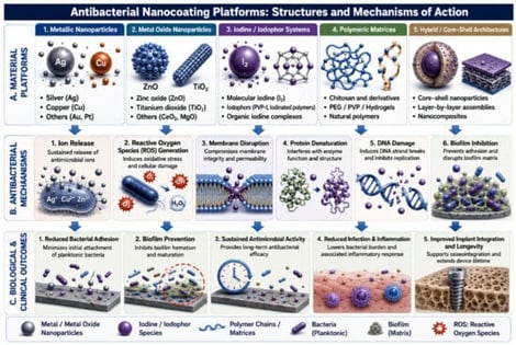 Antibacterial nanocoating platforms surveyed in Section 2 (A), their principal mechanisms of bacterial inactivation (B), and the resulting biological and clinical outcomes (C).