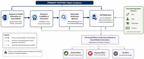 Conceptual framework of the associations among perceived credibility, information-verification behavior, self-medication, and reported negative perceived effects following health-related decisions influenced by social media information.