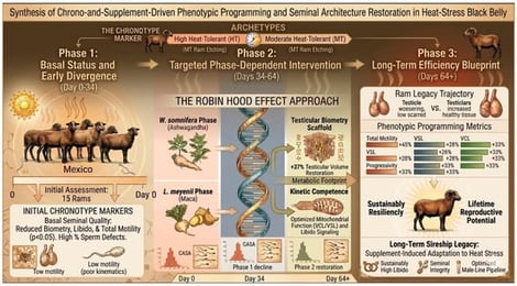 Conceptual synthesis diagram integrating the experimental design, principal outcomes, and proposed biological interpretation of the inter-systemic bio-circular framework defined as “The Robin Hood Effect Approach,” in which nutrient-dense feed refusals from an intensive dairy-cattle operation are upcycled to support a vulnerable smallholder small-ruminant production system during severe summer heat stress (May–July; 25° N, arid northern Mexico). The longitudinal timeline depicts a 64-day experimental period encompassing a complete spermatogenic cycle across three cohorts (n = 5 per group): non-supplemented control (CONT), Withania somnifera (WITH; 400 mg kg−1 LW d−1), and Lepidium meyenii (LEPI; 400 mg kg−1 LW d−1). Phase 1 (Basal Status and Early Divergence) establishes the baseline reproductive status under the environmental heat challenge. Phase 2 (Targeted Phase-Dependent Intervention) represents the progressive action of adaptogenic nutraceutical supplementation on reproductive and sperm kinematic responses. Phase 3 (Long-Term Efficiency Blueprint) displays the final phenotypic and kinematic outcomes at day 64. Chronological exposure to WITH generated a 37% relative increase in local mobility (LOCMOB), from 1.47% at the initial evaluation to 2.01% at the final evaluation, while both WITH and LEPI improved CASA-derived sperm trajectory geometry, particularly straightness (STR) and linearity (LIN). This horizontal integration highlights how agro-industrial feed refusals can support reproductive efficiency and strengthen the sustainability and climate resilience of smallholder farming systems under hyperarid conditions.