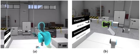 Overview of the X-MAIN platform in VIROO: (a) Third-person view of the robotic cell. (b) First-person VR perspective during component identification.