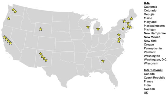 Stars indicate locations of participants who participated in dialogues for this study. The author engaged in dialogues from Vermont and Maryland in the U.S. between May–October 2024.