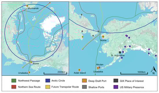 Map of the Arctic shipping routes: Northwest Passage (NWP), Northern Sea Route (NSR), and the Transpolar Route (TPR). The dark blue circle denotes the Arctic Circle. The map on the right focuses on Alaska, near-Arctic ports, the geothermal locations mentioned in this study, and locations of US military presence in Alaska.