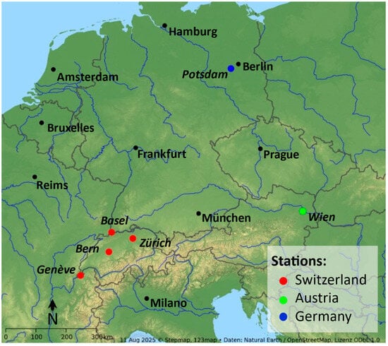 Map with the analyzed measuring stations in Austria, Germany and Switzerland. For more information on the stations see Table 1.