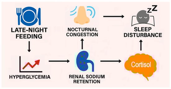 The association of late-night feeding with sleep disturbance is mediated by hyperglycemia and renal sodium retention, which contributes to cortisol release and nocturnal nasal congestion.