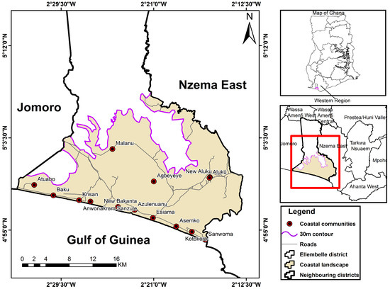 Map showing the southwestern coastal landscape in Ellembelle District of Ghana.