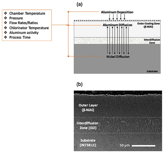 (a) Schematic of the aluminide diffusion coating process with CVD. (b) Cross-sectional SEM image of aluminide diffusion coating on top of IN738LC alloy showing outer layer β-NiAl and inter-diffusion zone (IDZ).