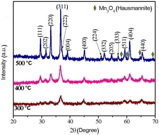 XRD patterns of precursor powder calcined at 300, 400 and 500 °C.