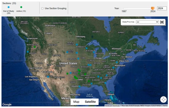 Geographical distribution of the CRCP sections included in the study.
