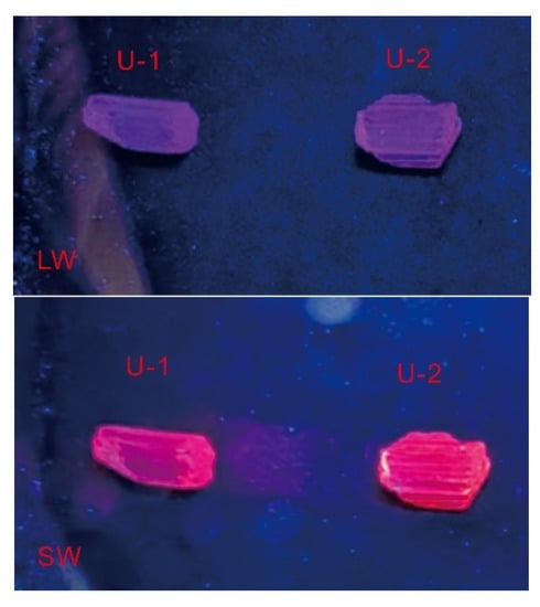 Mogok scapolite fluorescence under longwave and shortwave UV — credit: Yuan et al., Crystals, MDPI