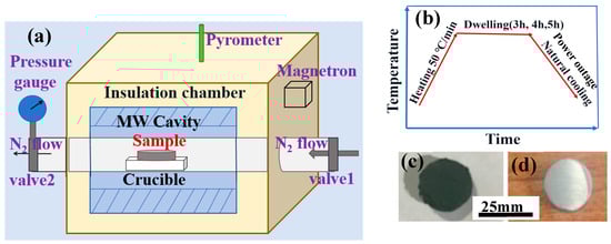 Experimental setup, sintering profile, and sample appearance for microwave sintering: (a) Schematic of the microwave furnace configuration; (b) Time–temperature profile of the sintering process; (c) Macroscopic view of a sintered bulk sample; (d) Polished sample after removal of the surface oxide layer.