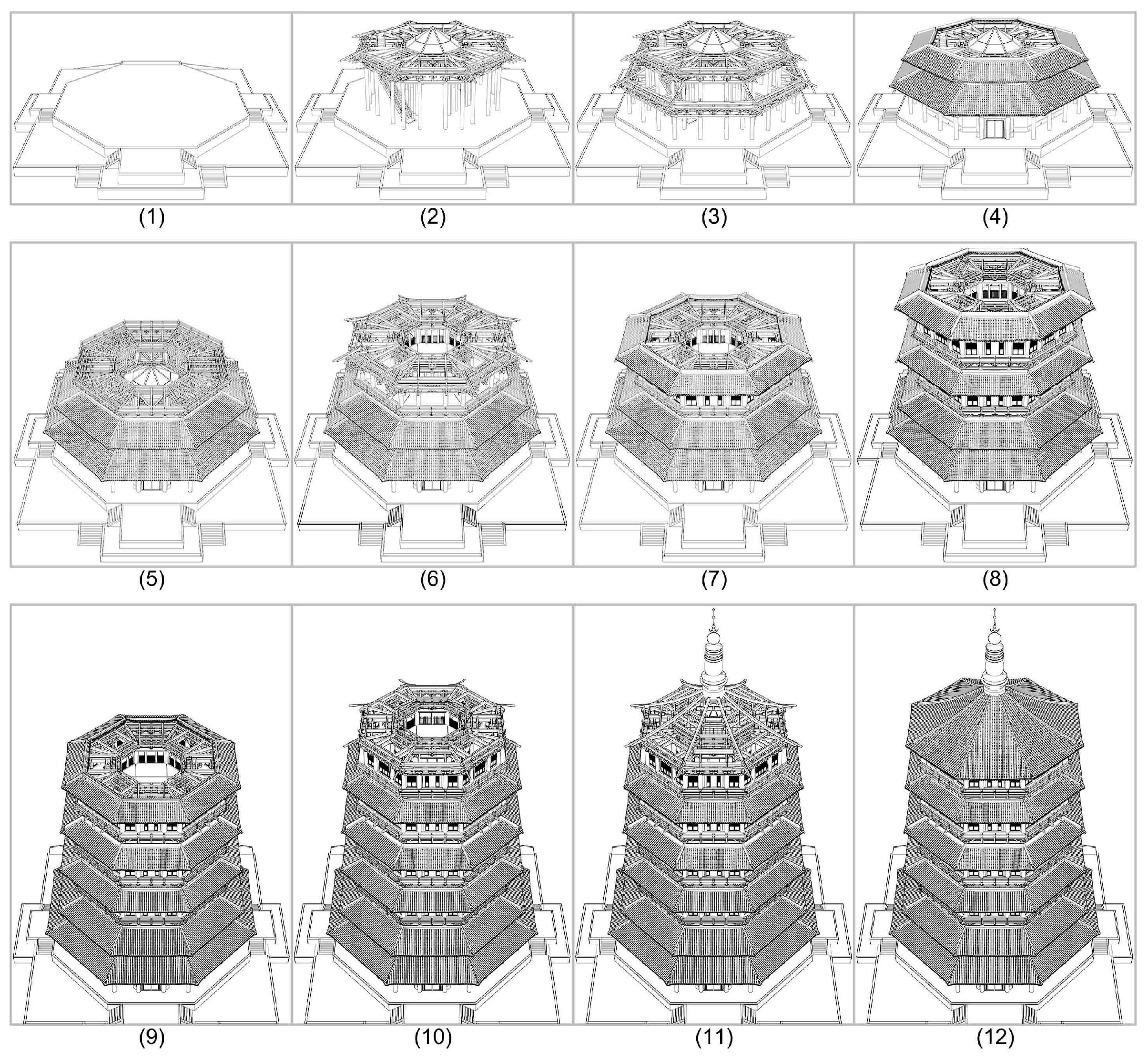 全塔参数化建造序列,用于观察明层与暗层交替叠合;论文参数模型 / 示意图,不是木塔现状照片