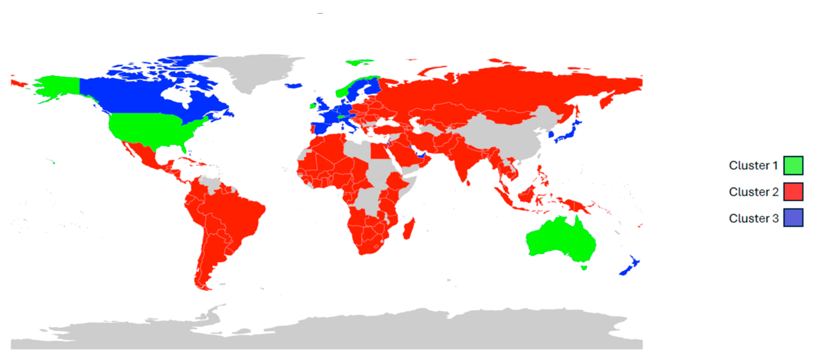 Geographical distribution of countries clustered according to their economic and environmental scores.