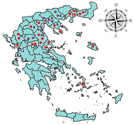 Location of the abattoirs around Greece, which were visited for the collection of cattle and buffalo abomasa. The classification of the colors among the two host species is as follows: the red color corresponds to cattle and the blue one to buffaloes. Numbers 1 to 17 represent the different prefectures/islands included in this study.