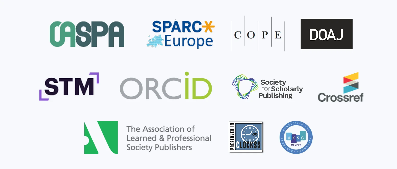 CASPA, Sparc Europe, COPE, DOAJ, ORCID, Crossref,  etc.
