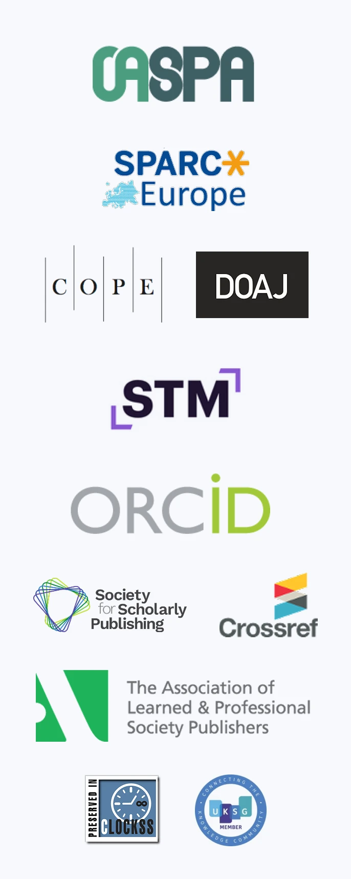 CASPA, Sparc Europe, COPE, DOAJ, ORCID, Crossref,  etc.