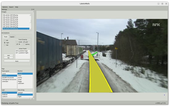 Labels4Rails user interface with annotated ego track (yellow) and right neighbor track (green).