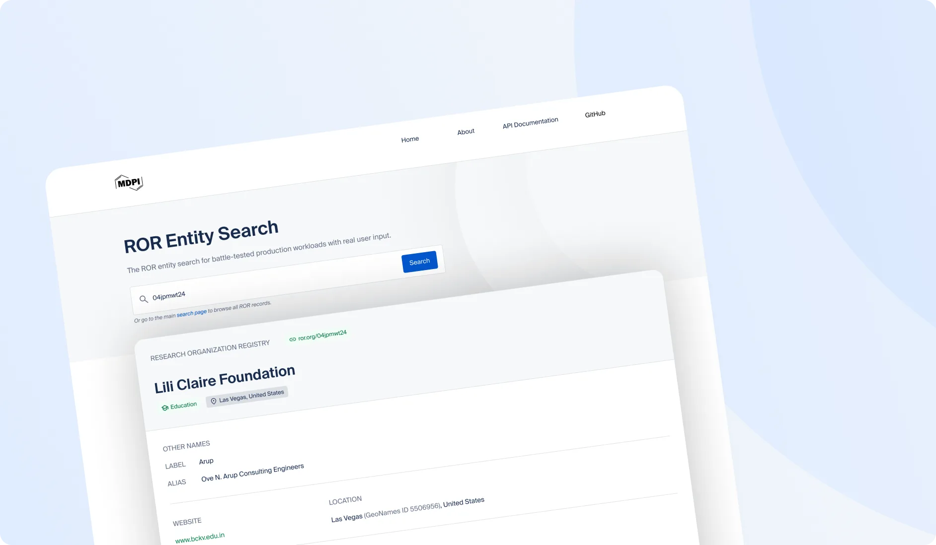 MDPI ROR Entity Search interface preview