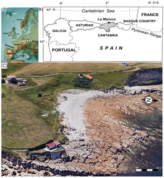 (A) Location of Santander municipality in SW Europe. (B) La Maruca/Pinquel cobble beach on the Cantabrian coast. (C) Oblique photo of La Maruca/Pinquel cobble beach, developing an upper storm crest and some staggered tide berms, arched in a concave-seaward plane shape [27].