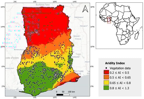 Map of the study area showing the spatial distribution of vegetation data points obtained from the GBIF database across Ghana. The map outlines Ghana’s national boundary (red dashed line) and regional administrative boundaries (black lines).