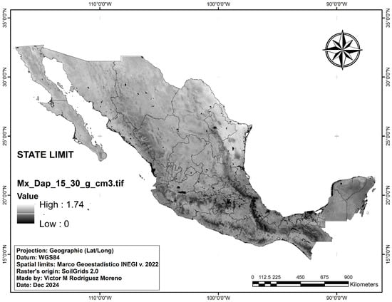 Sample mosaic of raster images. The coverage of the Mexico domain is the same for all available depths. Figure 1 shows a single variable at a depth—bulk density (g/cm3) at a depth of 15–30 cm. All mosaics for each variable at each depth were obtained separately using the pedotransfer function (bulk density, sand content, and clay content). PTFs relate the physical and textural properties of the soil to estimate FC and PWP. These equations are empirically derived and vary depending on the dataset and region.